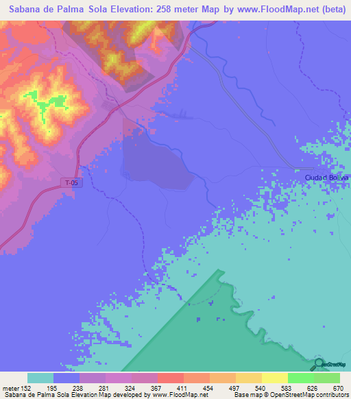 Sabana de Palma Sola,Venezuela Elevation Map