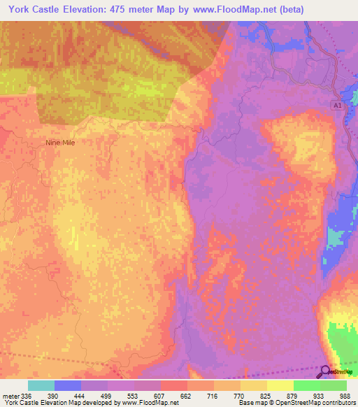 York Castle,Jamaica Elevation Map