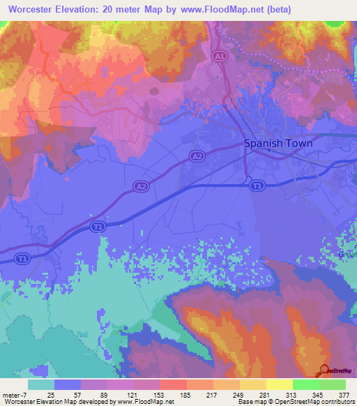 Worcester,Jamaica Elevation Map