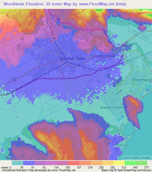 Woodlands,Jamaica Elevation Map