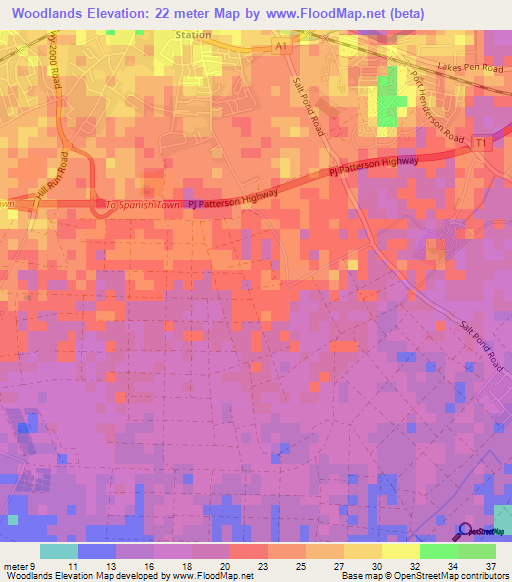 Woodlands,Jamaica Elevation Map