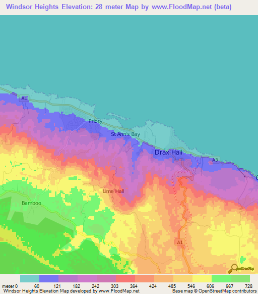 Windsor Heights,Jamaica Elevation Map