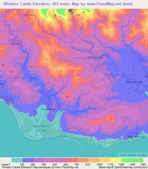 Windsor Castle,Jamaica Elevation Map