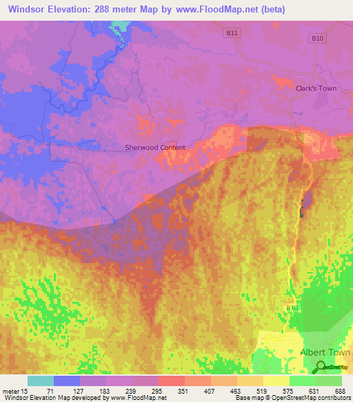 Windsor,Jamaica Elevation Map