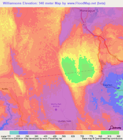 Williamsons,Jamaica Elevation Map