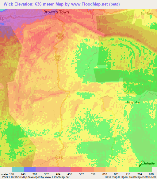 Wick,Jamaica Elevation Map