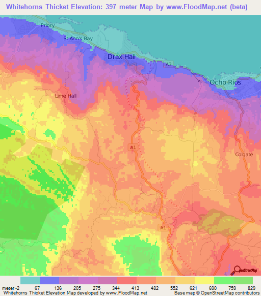 Whitehorns Thicket,Jamaica Elevation Map