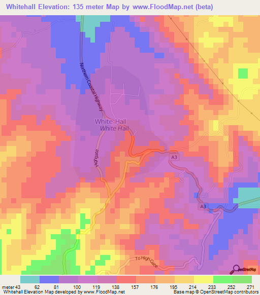 Whitehall,Jamaica Elevation Map
