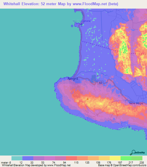 Whitehall,Jamaica Elevation Map