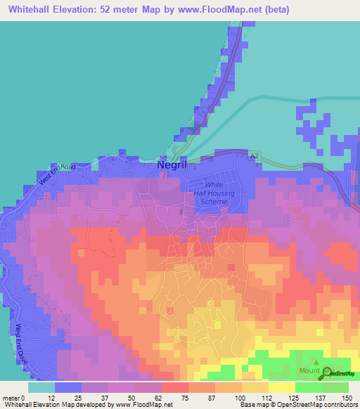 Whitehall,Jamaica Elevation Map