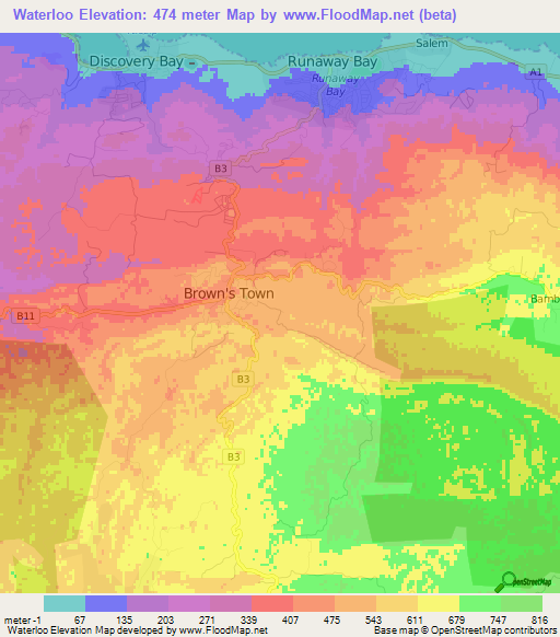 Waterloo,Jamaica Elevation Map