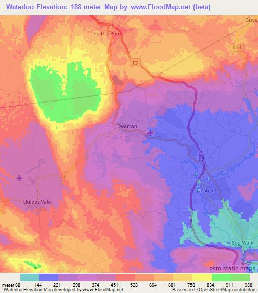 Waterloo,Jamaica Elevation Map