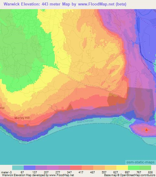 Warwick,Jamaica Elevation Map