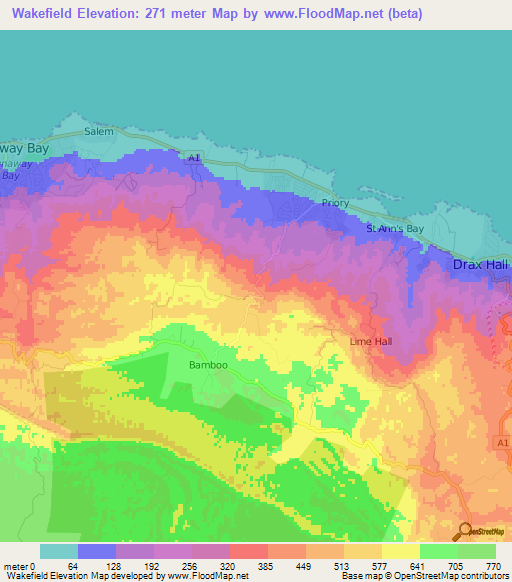 Wakefield,Jamaica Elevation Map