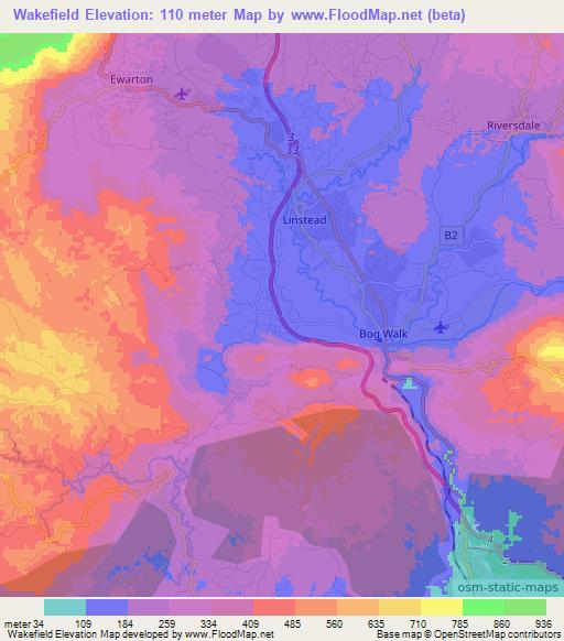 Wakefield,Jamaica Elevation Map