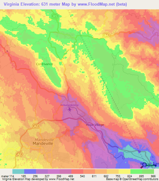 Virginia,Jamaica Elevation Map