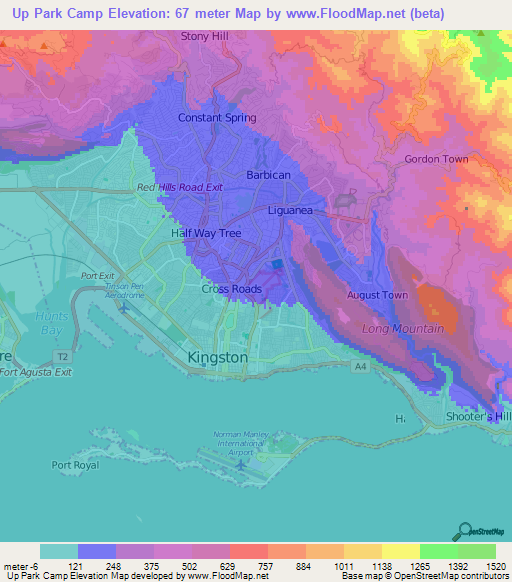 Up Park Camp,Jamaica Elevation Map