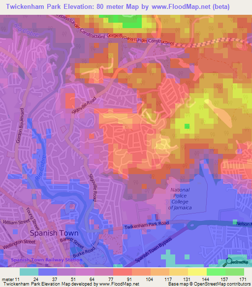 Twickenham Park,Jamaica Elevation Map