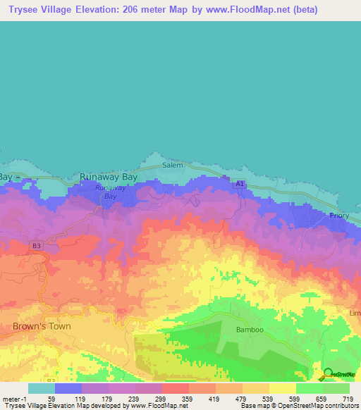 Trysee Village,Jamaica Elevation Map