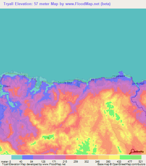 Tryall,Jamaica Elevation Map