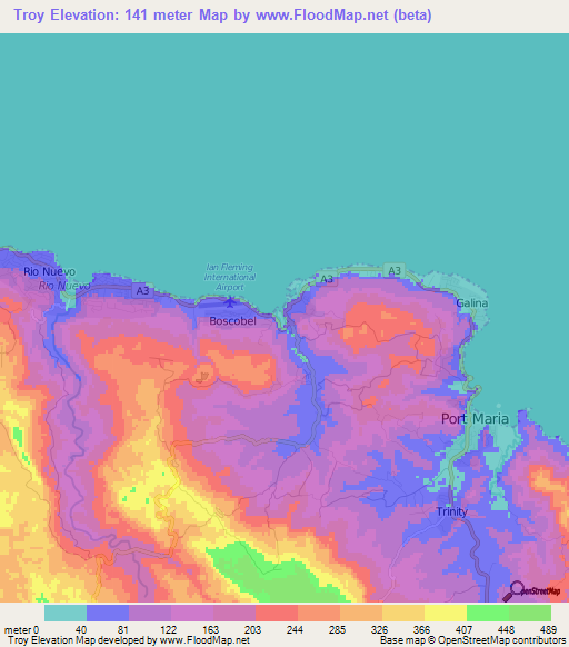 Troy,Jamaica Elevation Map