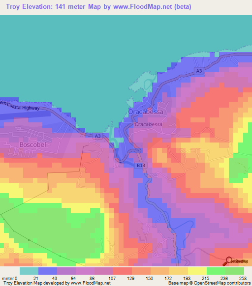 Troy,Jamaica Elevation Map