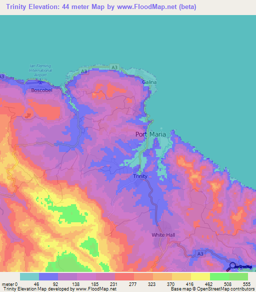 Trinity,Jamaica Elevation Map