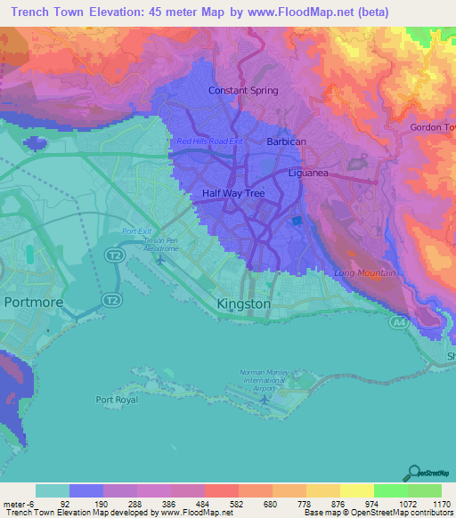 Trench Town,Jamaica Elevation Map