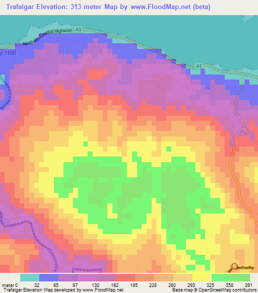 Trafalgar,Jamaica Elevation Map