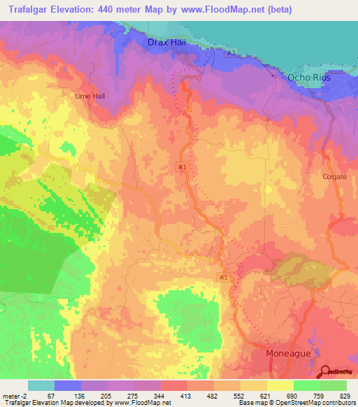 Trafalgar,Jamaica Elevation Map