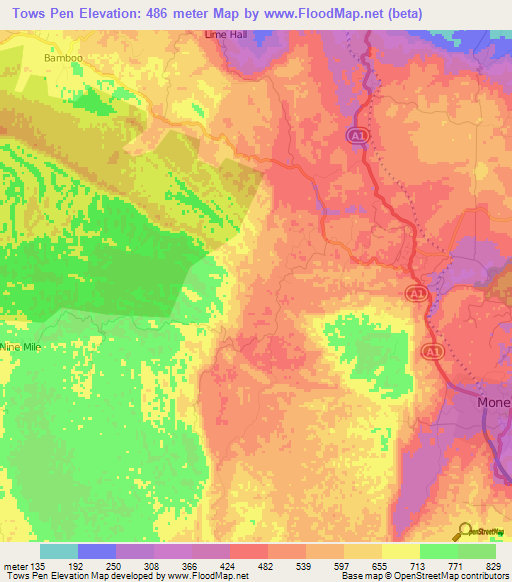 Tows Pen,Jamaica Elevation Map