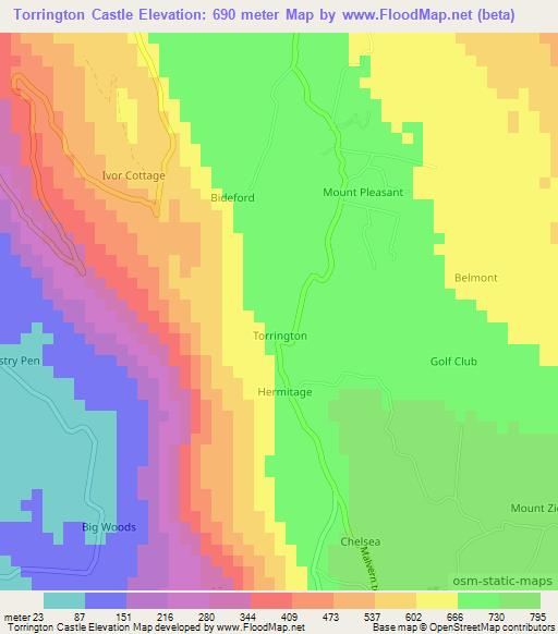 Torrington Castle,Jamaica Elevation Map