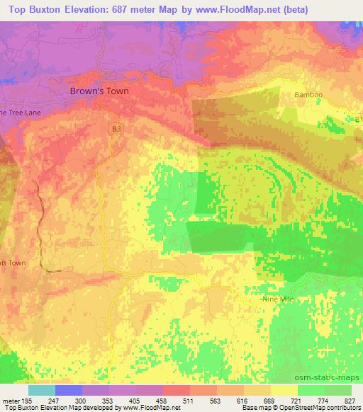 Top Buxton,Jamaica Elevation Map