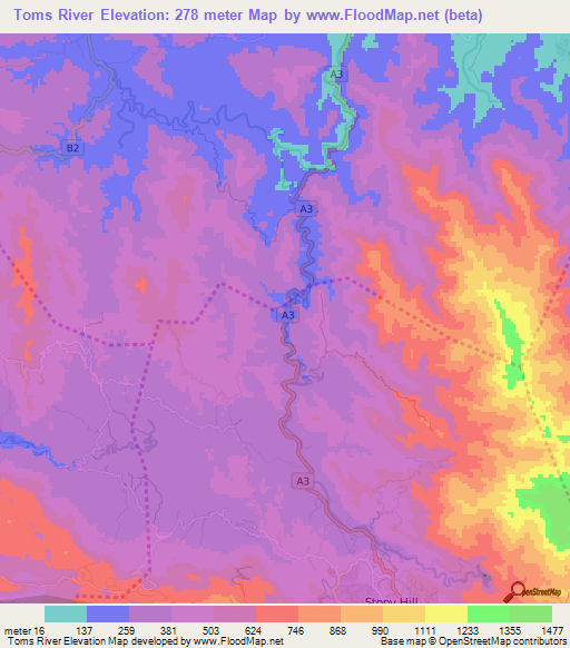 Toms River,Jamaica Elevation Map