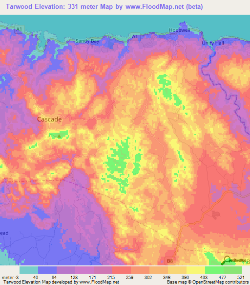 Tarwood,Jamaica Elevation Map