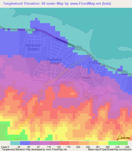 Tanglewood,Jamaica Elevation Map