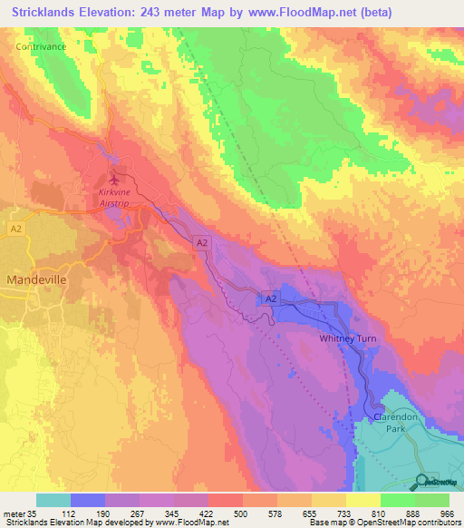 Stricklands,Jamaica Elevation Map