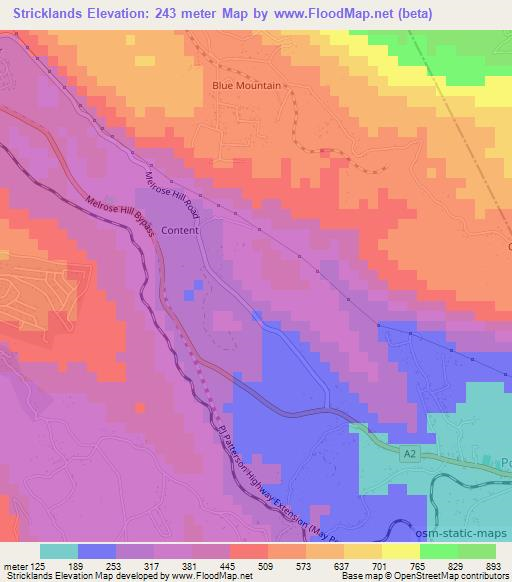 Stricklands,Jamaica Elevation Map