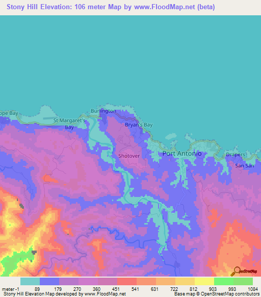 Stony Hill,Jamaica Elevation Map