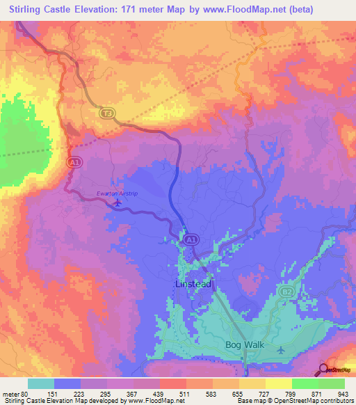 Stirling Castle,Jamaica Elevation Map