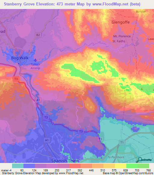 Stanberry Grove,Jamaica Elevation Map