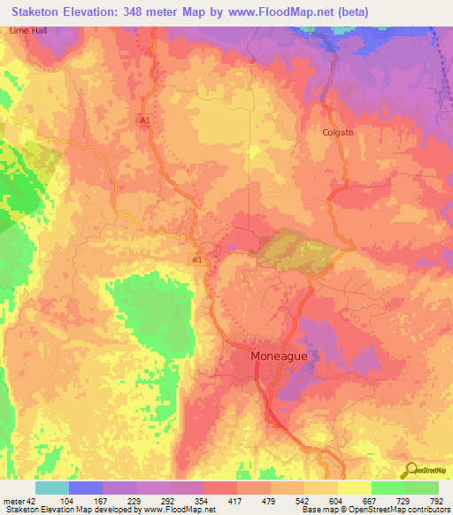 Staketon,Jamaica Elevation Map