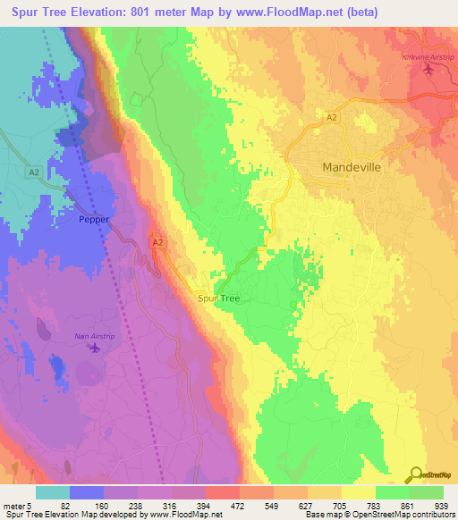 Spur Tree,Jamaica Elevation Map