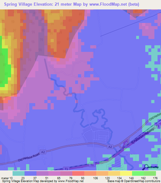 Spring Village,Jamaica Elevation Map