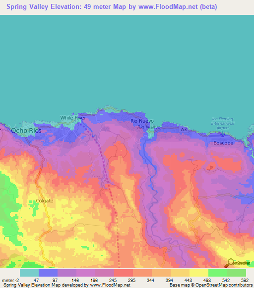 Spring Valley,Jamaica Elevation Map