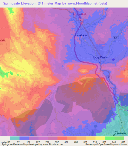 Springvale,Jamaica Elevation Map