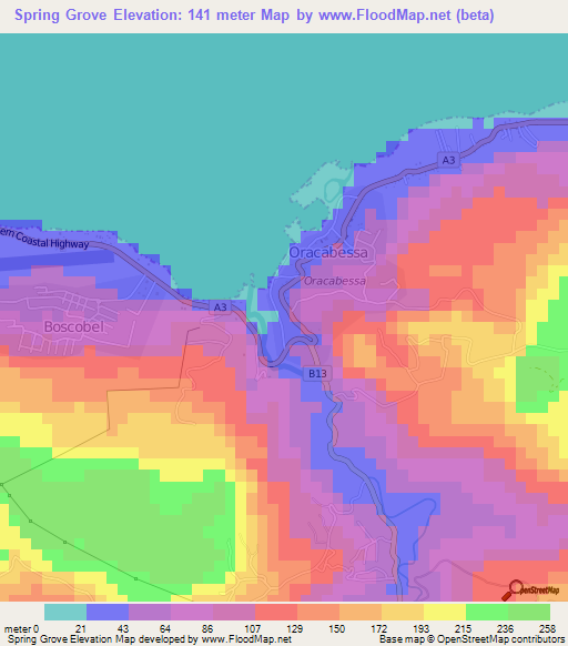 Spring Grove,Jamaica Elevation Map