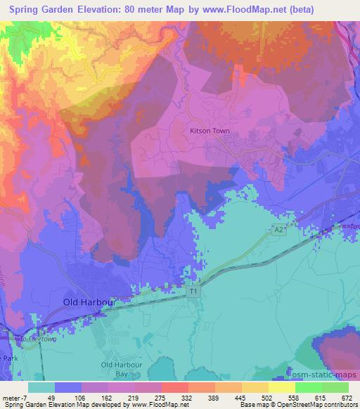Spring Garden,Jamaica Elevation Map