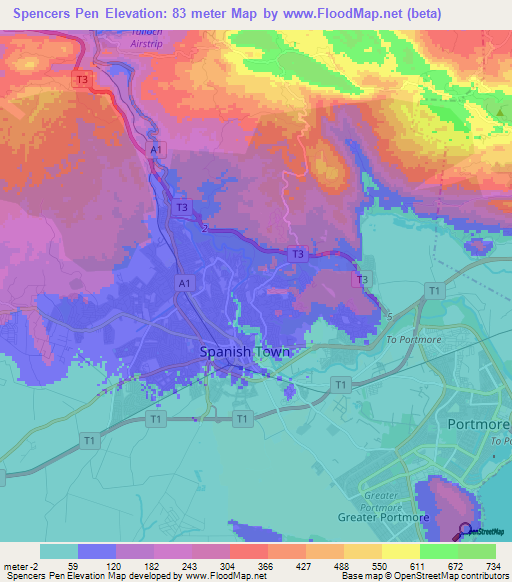 Spencers Pen,Jamaica Elevation Map