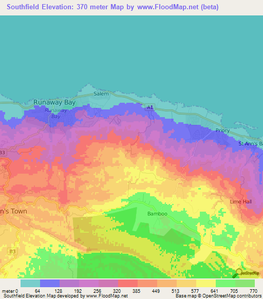 Southfield,Jamaica Elevation Map